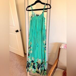Maxi dress tropical cinched waist with tassel adjustable straps floral summer
